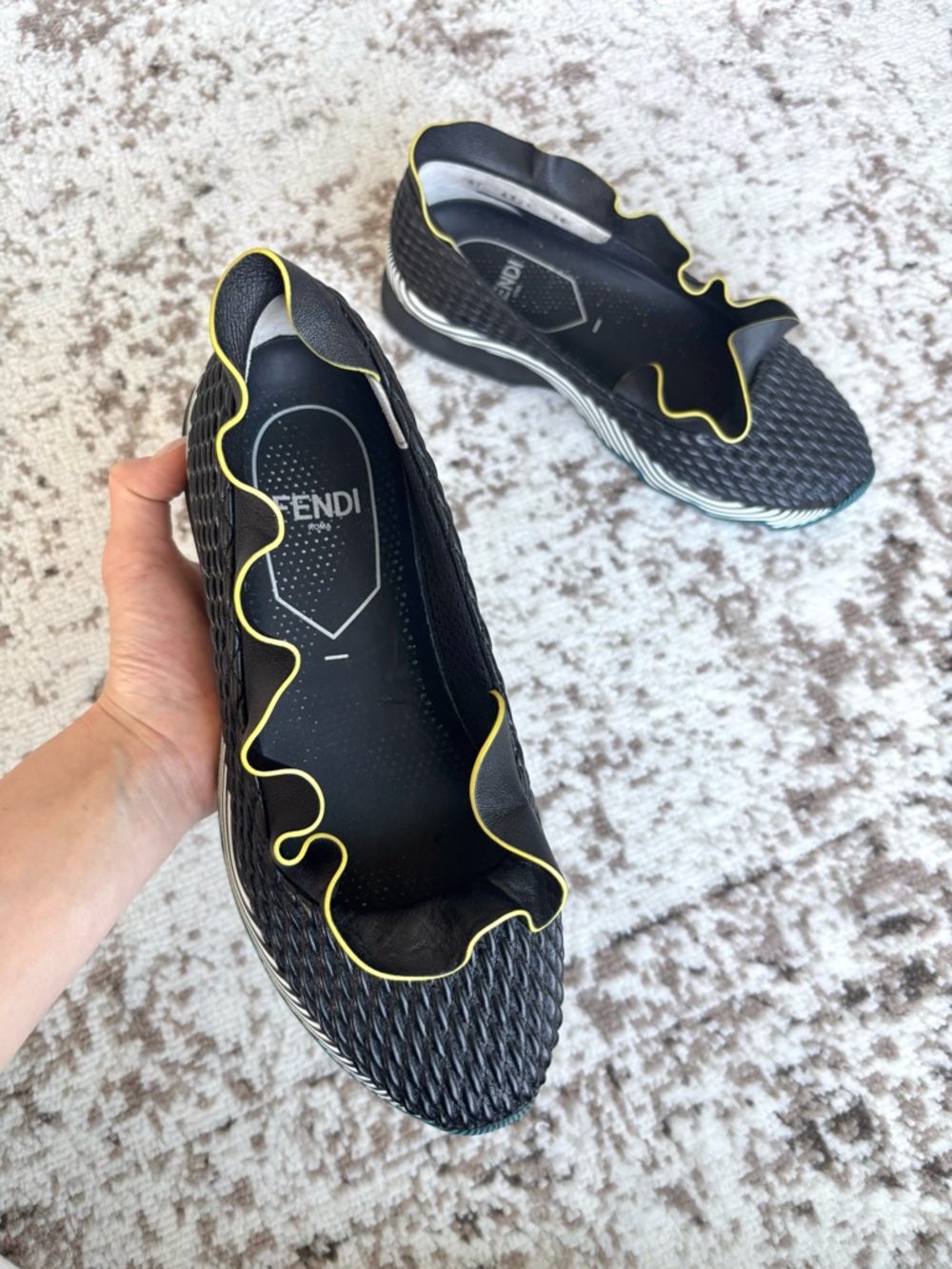 Fendi Ruffle Trim Nappa Leather Slip-On Sneakers - Black with Yellow Piping - Picture 4 of 10